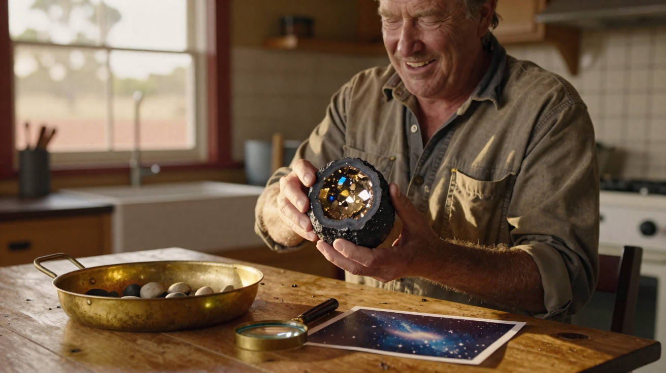Homem sorridente segura geodo grande aberto, com pedras brilhantes, em mesa de madeira com lupa e foto espacial.