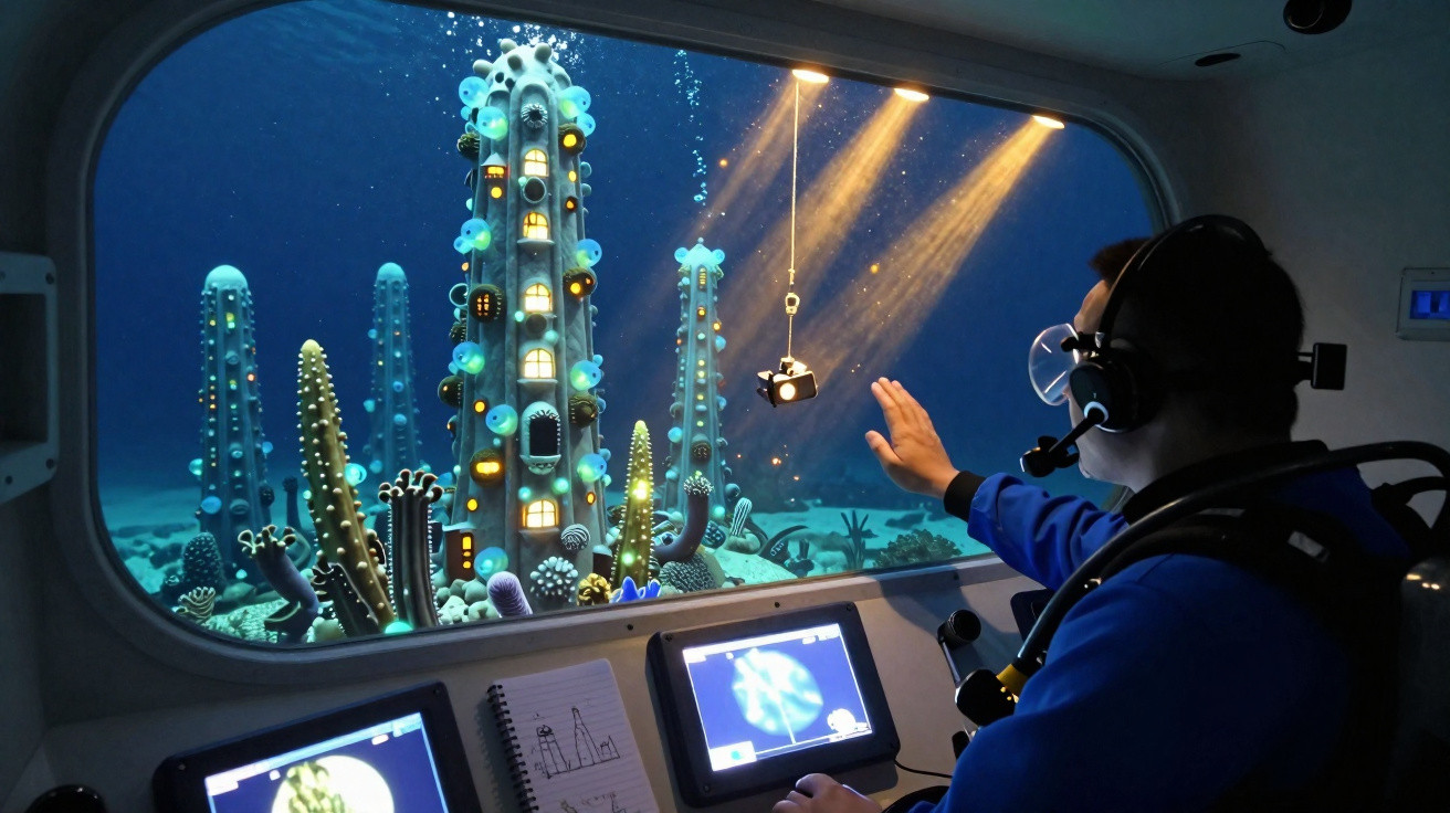 Pessoa em submarino observa estruturas submarinas cilíndricas iluminadas e equipamento submerso.