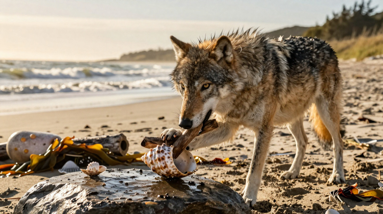 Lobo na praia segurando um grande concha com a boca sobre rocha molhada ao amanhecer.