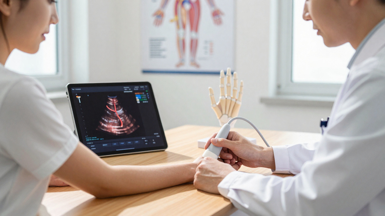 Médico realizando exame de ultrassom no pulso de paciente com monitor e modelo de mão sobre a mesa.