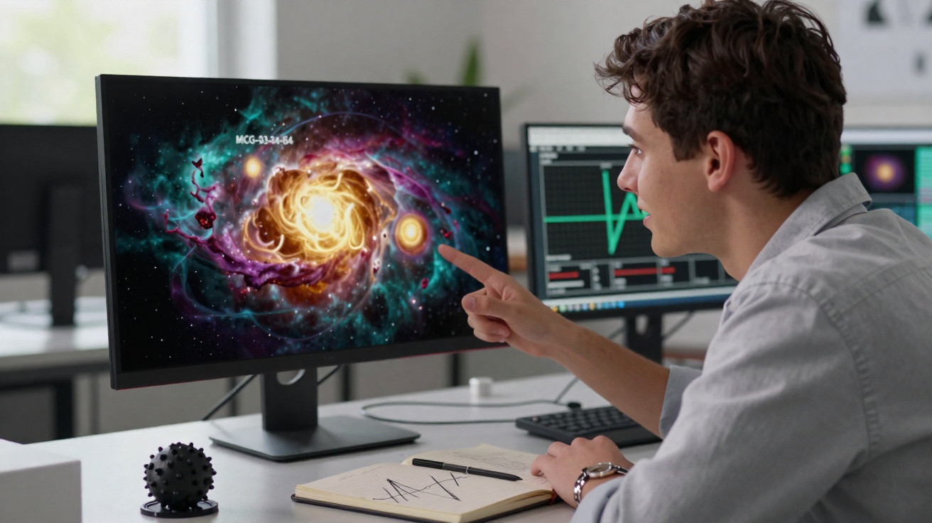 Homem analisa imagem cósmica de galáxia em monitor de computador em escritório moderno.