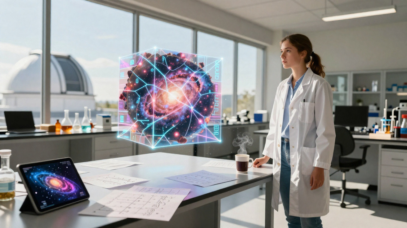 Cientista em laboratório observa holograma tridimensional de galáxia e dados científicos em mesa.
