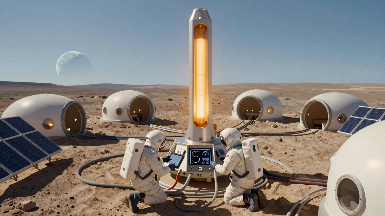 Dois astronautas operam equipamento em base futurista na superfície marciana com domos e painéis solares.