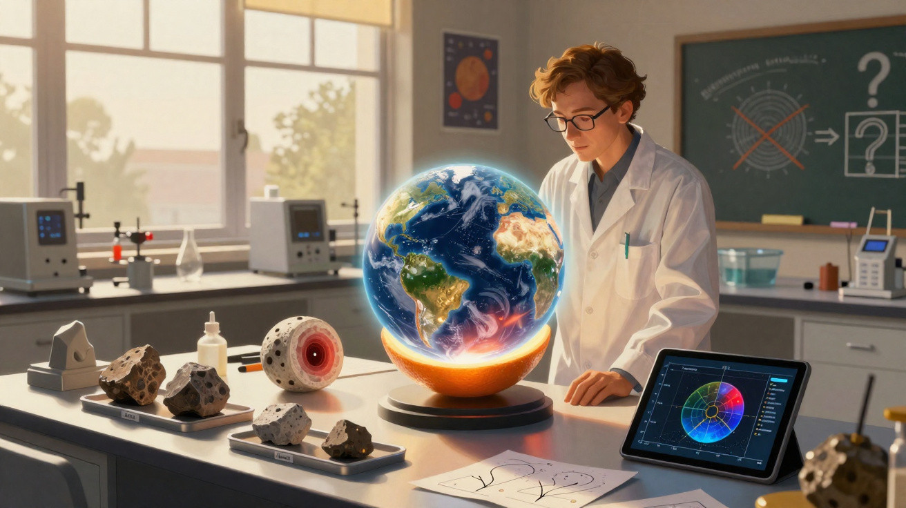 Cientista em laboratório analisando globo terrestre holográfico com amostras de rochas e tecnologia.