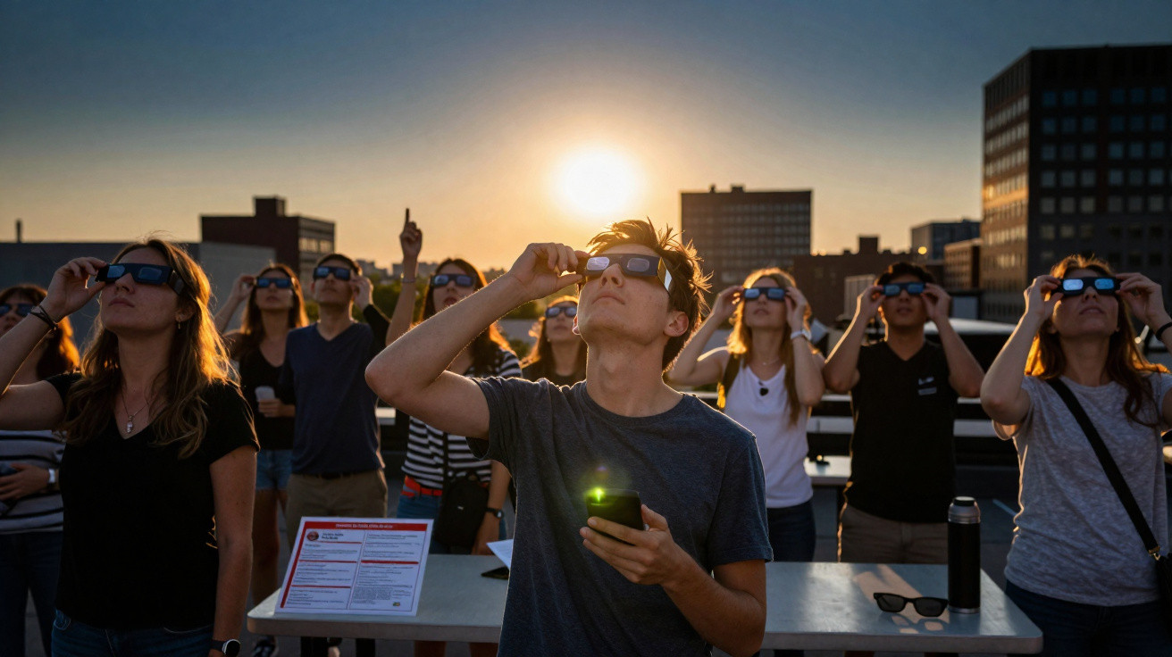 Grupo de pessoas em área urbana observando eclipse solar com óculos especiais ao pôr do sol.