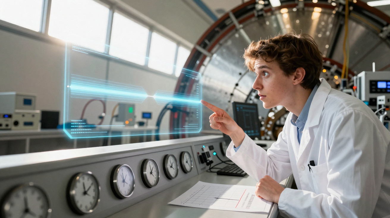 Jovem cientista em laboratório interagindo com tela holográfica futurista sobre painel com relógios.
