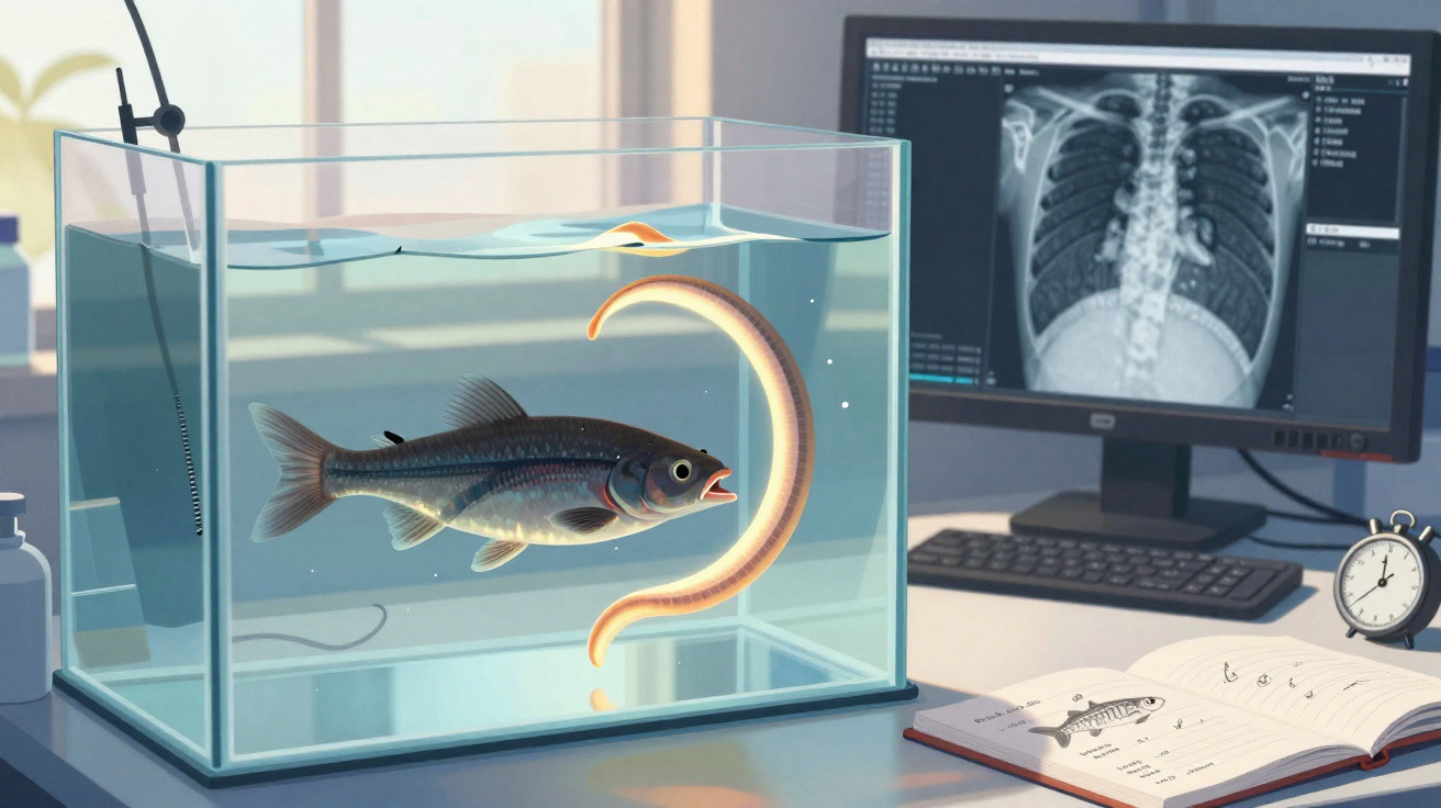Aquário com peixe e enguia em mesa de laboratório, com raio-x no monitor ao fundo.