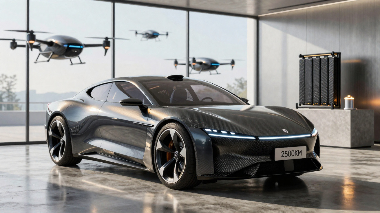 Carro esportivo elétrico preto em garagem moderna com drones voando ao fundo e painel tecnológico atrás.