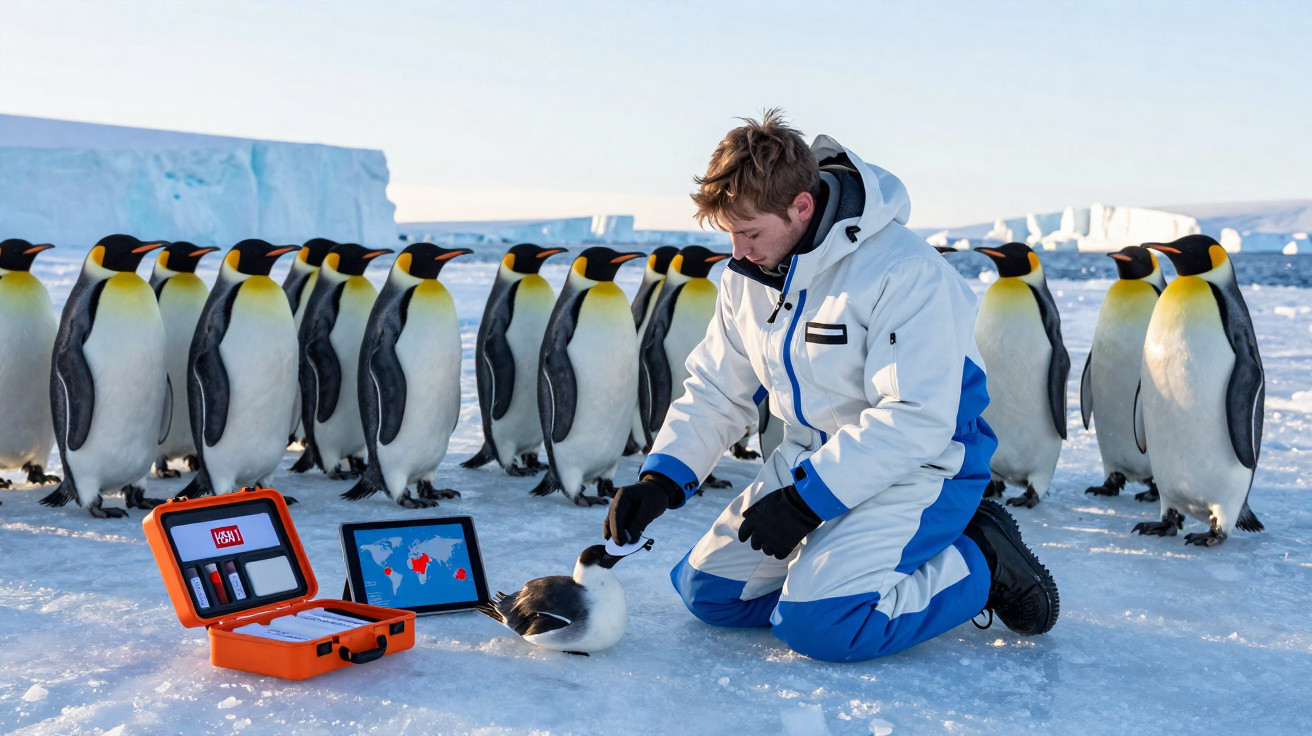 Pesquisador em roupa de frio coleta amostra de pinguim na neve com grupo de pinguins ao fundo.