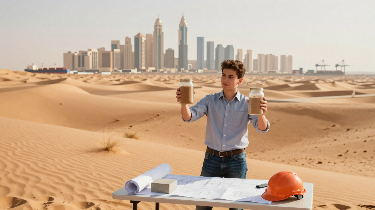Homem segura potes com areia no deserto com mesa, capacete e planta de construção, cidade ao fundo.