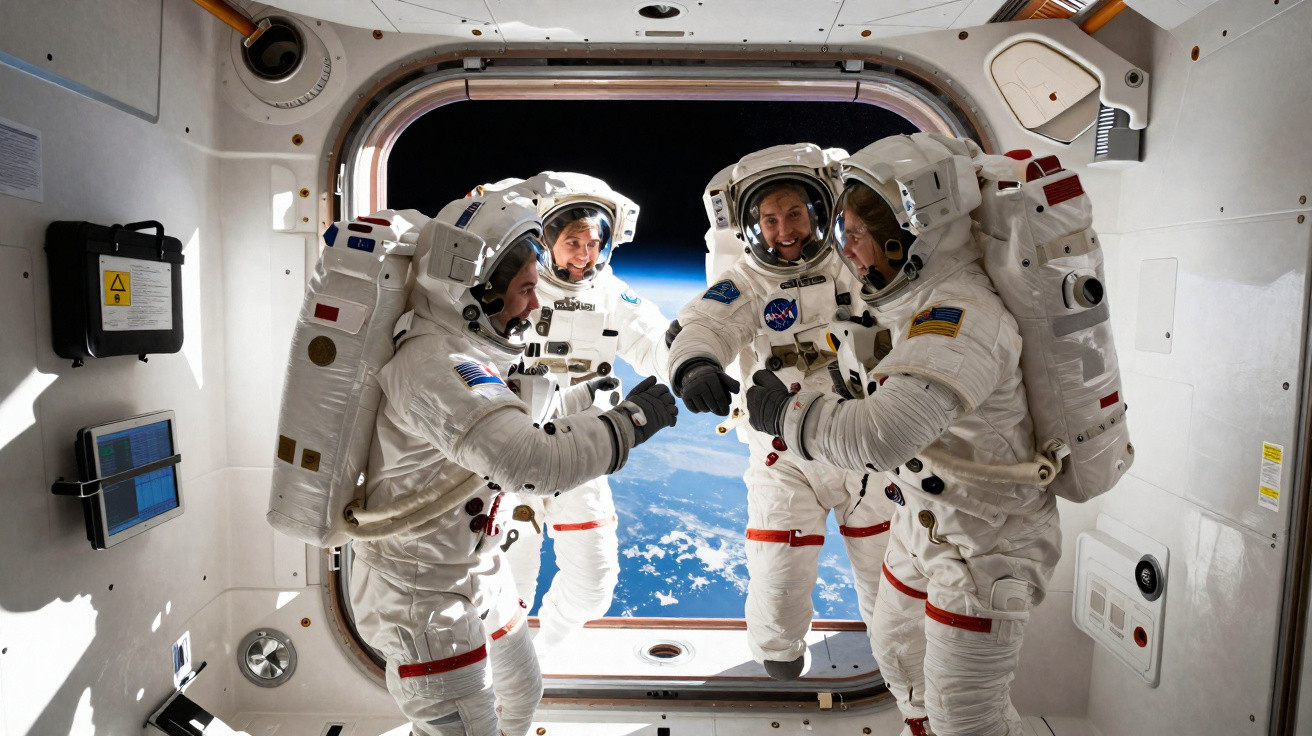 Quatro astronautas em trajes espaciais sorrindo dentro de uma espaçonave com a Terra ao fundo.