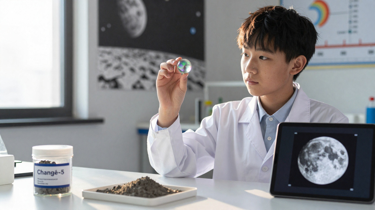Jovem cientista observa bola de vidro, com amostra de solo lunar e imagem da lua ao fundo.