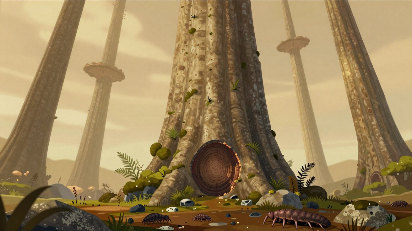 Troncos altos com portas circulares em uma floresta alienígena com insetos e plantas no chão.