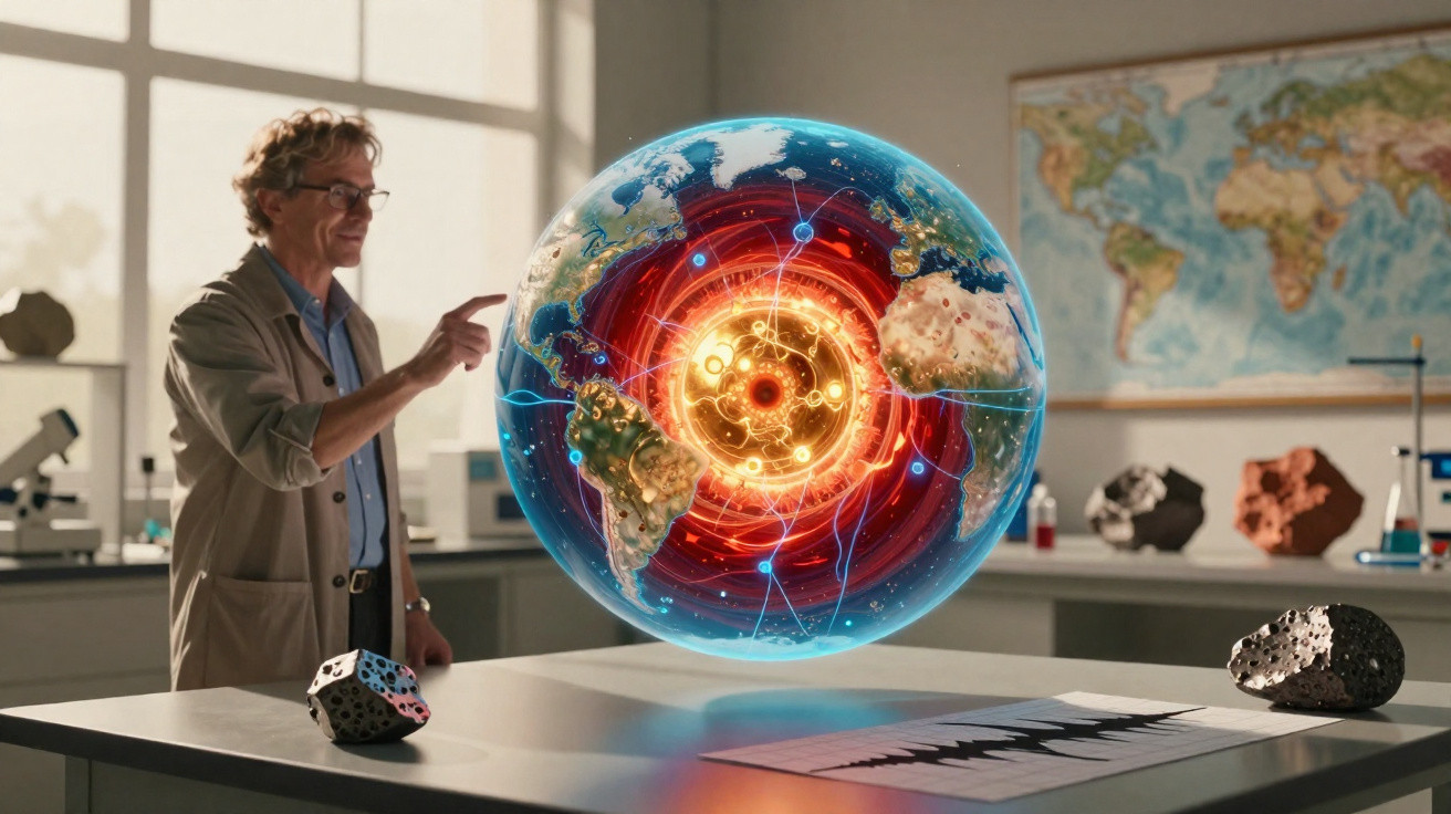 Cientista em laboratório interage com modelo holográfico da Terra mostrando camadas internas e placas tectônicas.