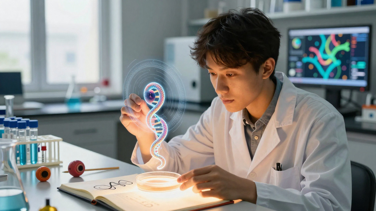 Jovem cientista em laboratório analisando holograma de DNA acima de placa de petri e livro aberto.