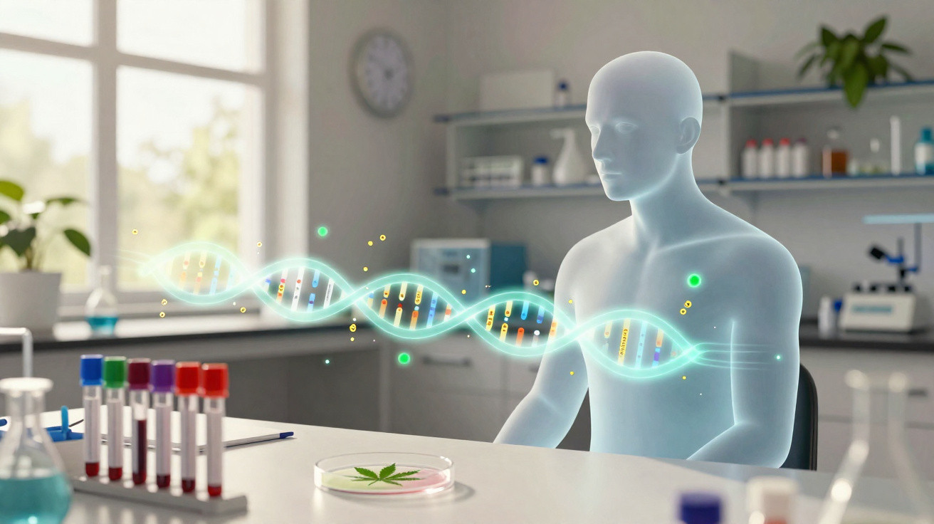 Representação digital de humano em laboratório com fita de DNA flutuante e cultura de planta.