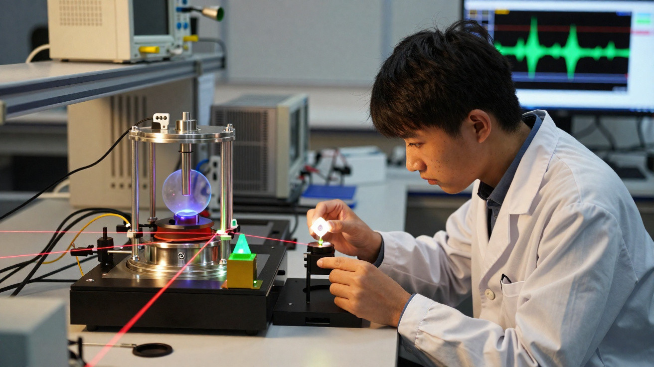 Cientista em laboratório ajusta equipamento com lasers vermelhos e análise em monitor ao fundo.