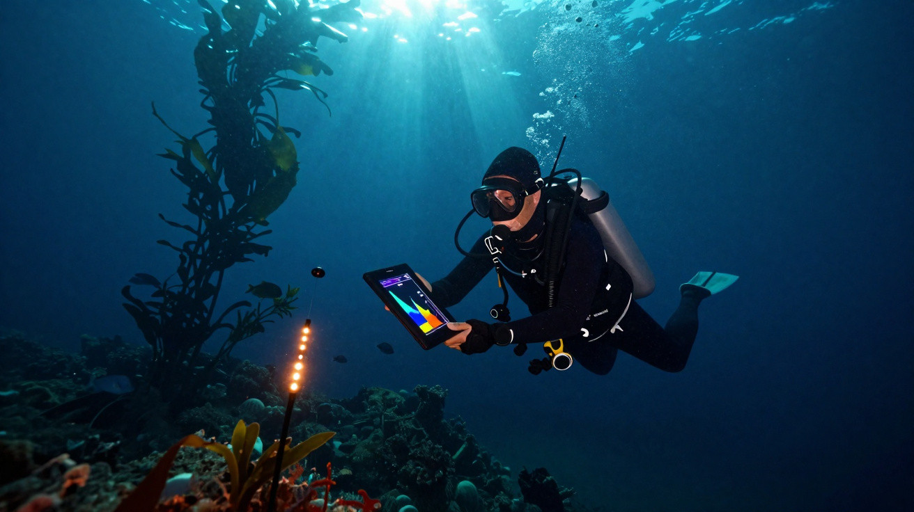 Mergulhador usando equipamento completo analisa dados em tablet sob água, perto de corais com luz solar entrando.