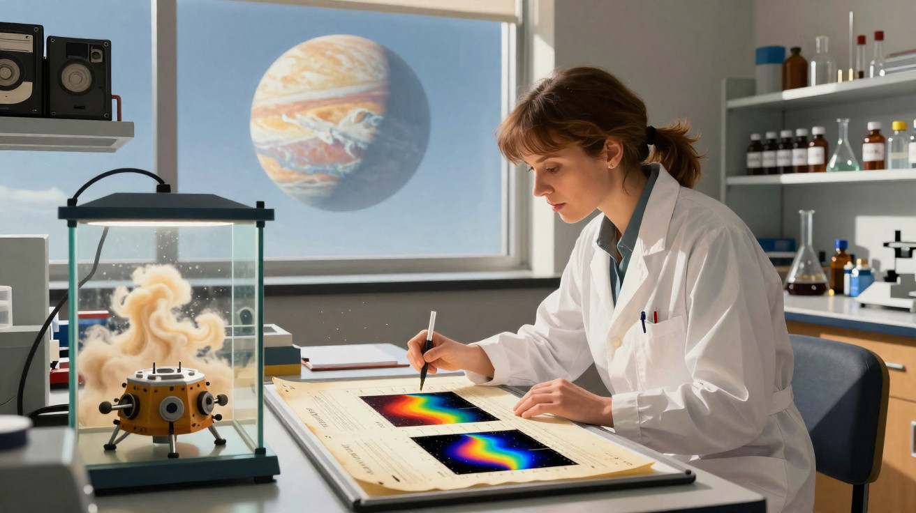 Mulher cientista em laboratório estudando gráficos coloridos com modelo de planeta ao fundo na janela.
