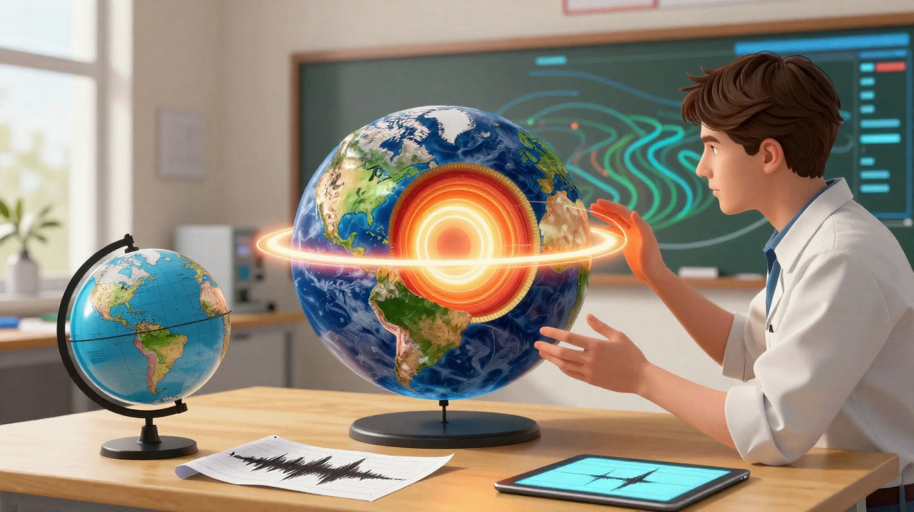 Aluno em sala de aula observa modelo 3D interativo da Terra com corte do núcleo em mesa com globos e tablet.