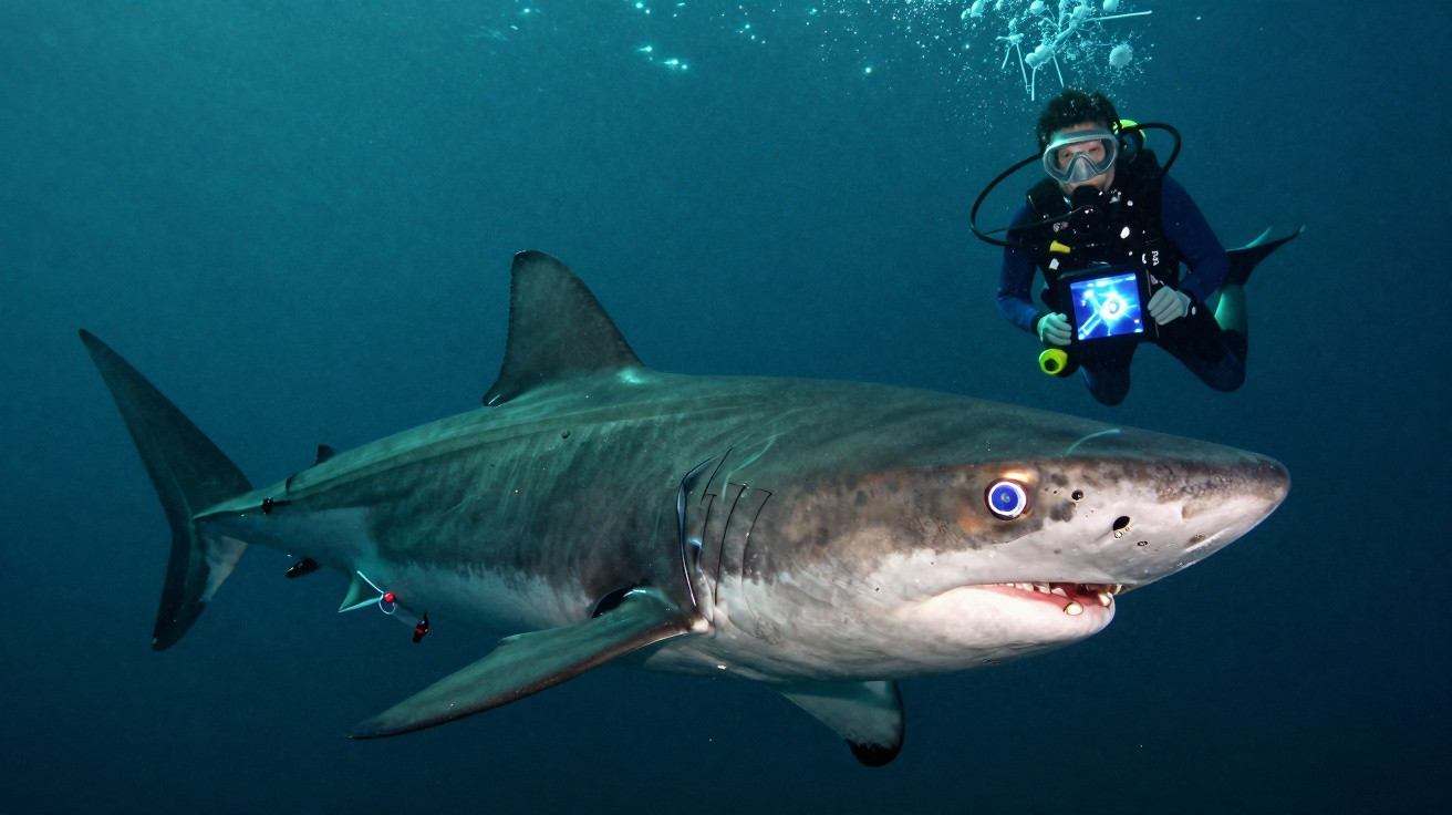 Mergulhador com equipamento de scuba próximo a tubarão grande nas profundezas do oceano.