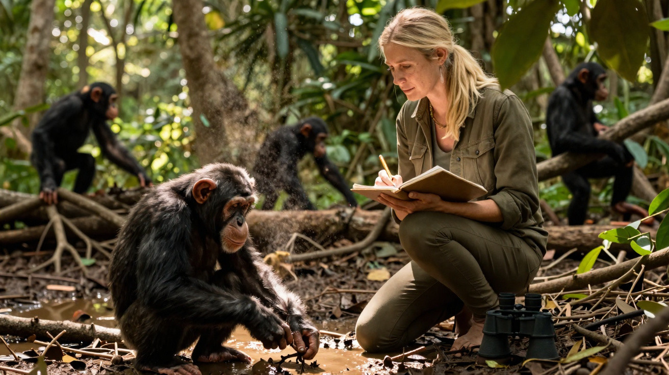 Mulher observando e anotando enquanto chimpanzés interagem no ambiente natural da floresta.