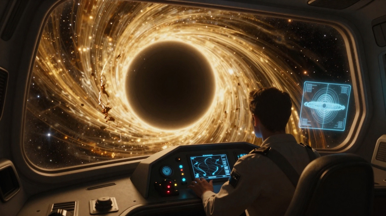 Astronauta observa buraco negro brilhante por janela de nave espacial com painéis de controle iluminados.