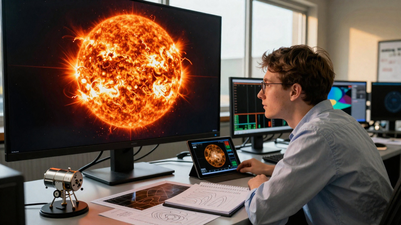 Jovem estudando imagem do sol em computador com gráficos e anotações em mesa de escritório.