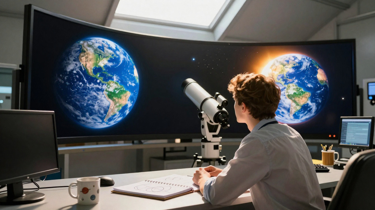 Jovem observando imagens digitais da Terra em tela curva grande com telescópio ao fundo em sala moderna.