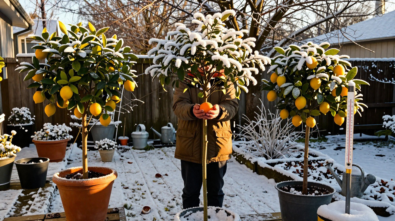 Pessoa segurando laranja com três plantas cítricas com neve em vasos em um quintal coberto de neve.