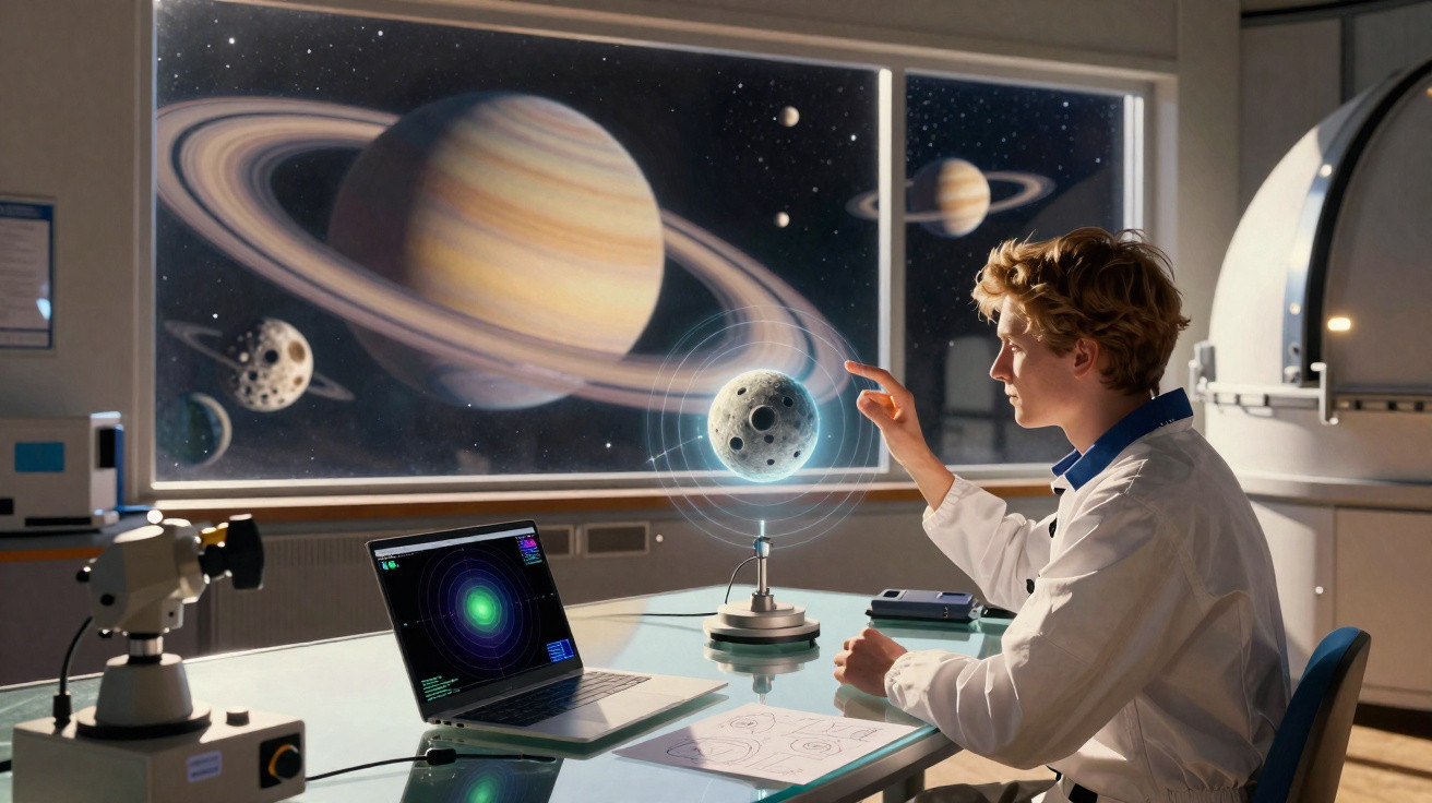 Jovem cientista interage com modelo holográfico da lua em laboratório espacial com vista para planeta Saturno.