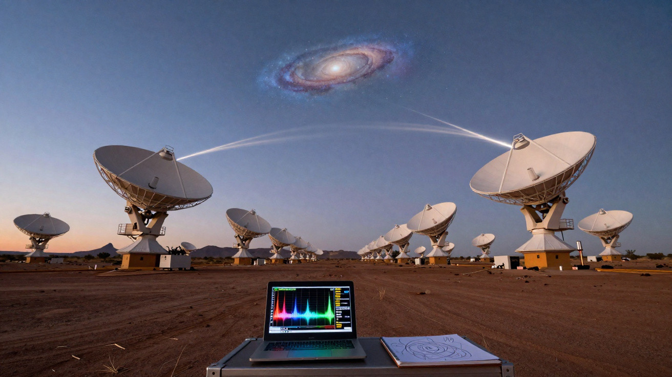 Antenas parabólicas no deserto captando sinais do espaço com um notebook mostrando dados de espectro.