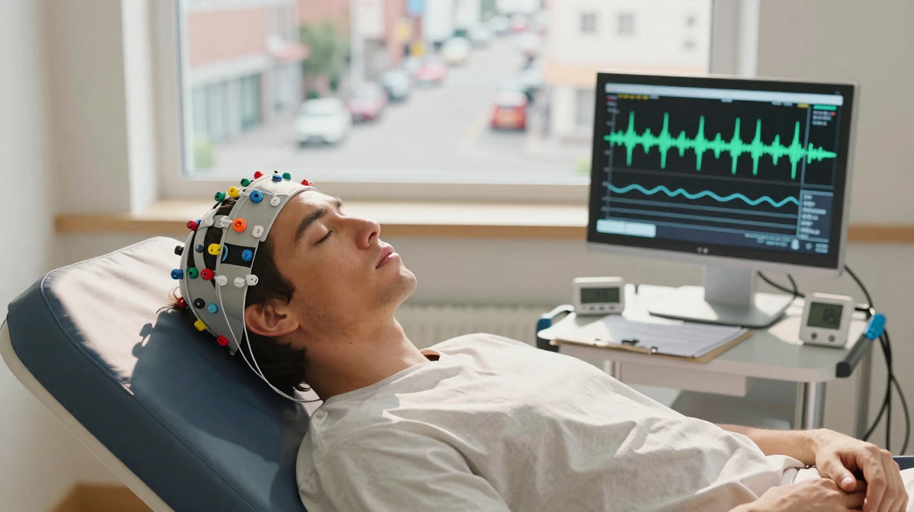 Homem relaxando com capacete de eletroencefalograma em clínica com monitor exibindo ondas cerebrais.