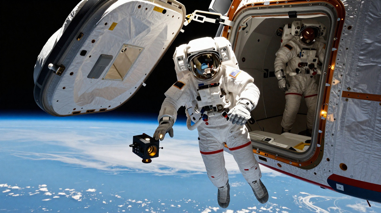 Dois astronautas em trajes espaciais realizando caminhada espacial perto de uma nave com a Terra ao fundo.