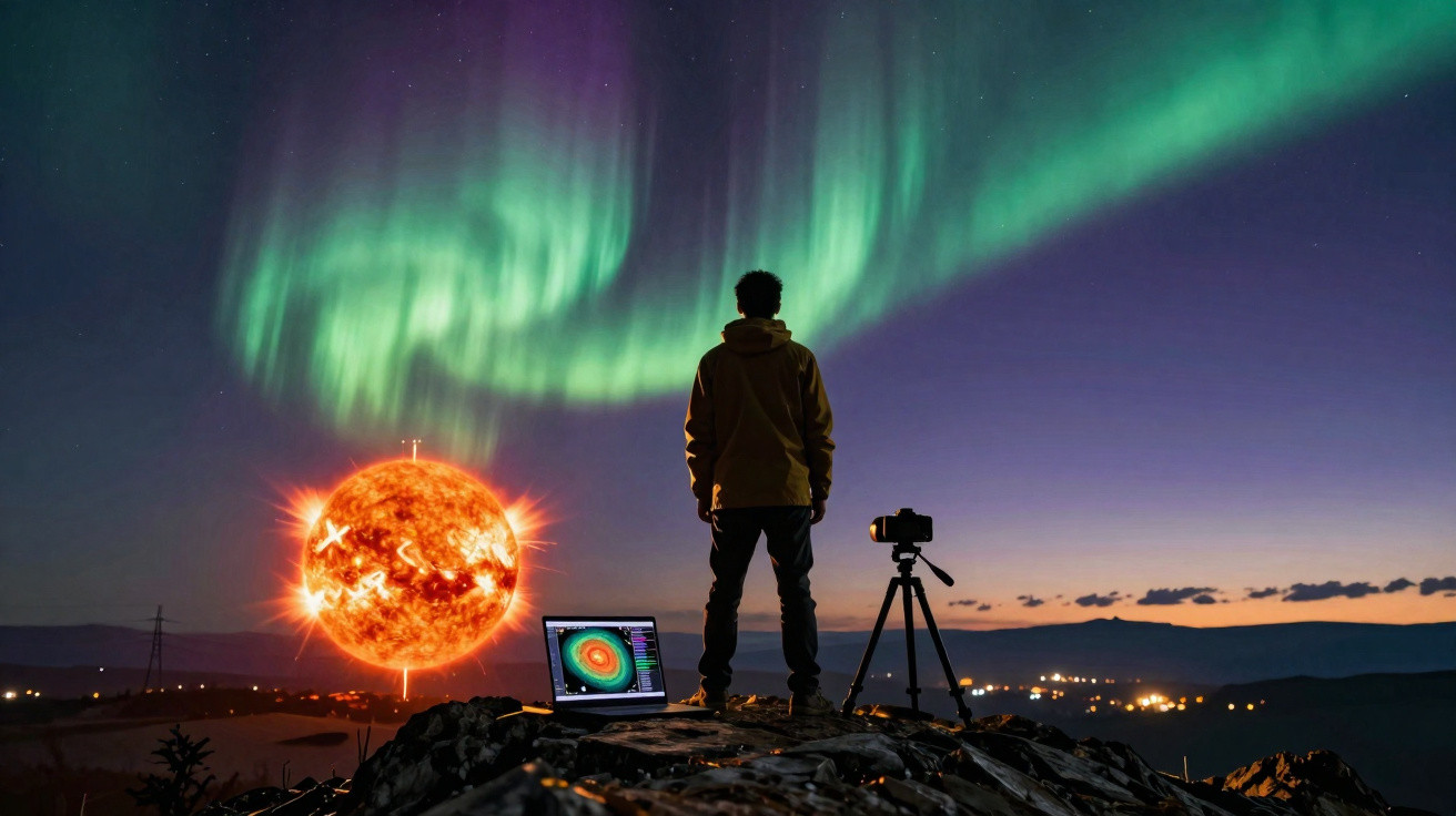 Pessoa observando aurora boreal com tela de computador, câmera e simulação do sol ao entardecer na montanha.