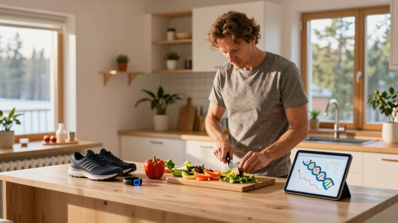 Homem corta legumes na cozinha com tênis, smartwatch e tablet exibindo gráfico de DNA na bancada.