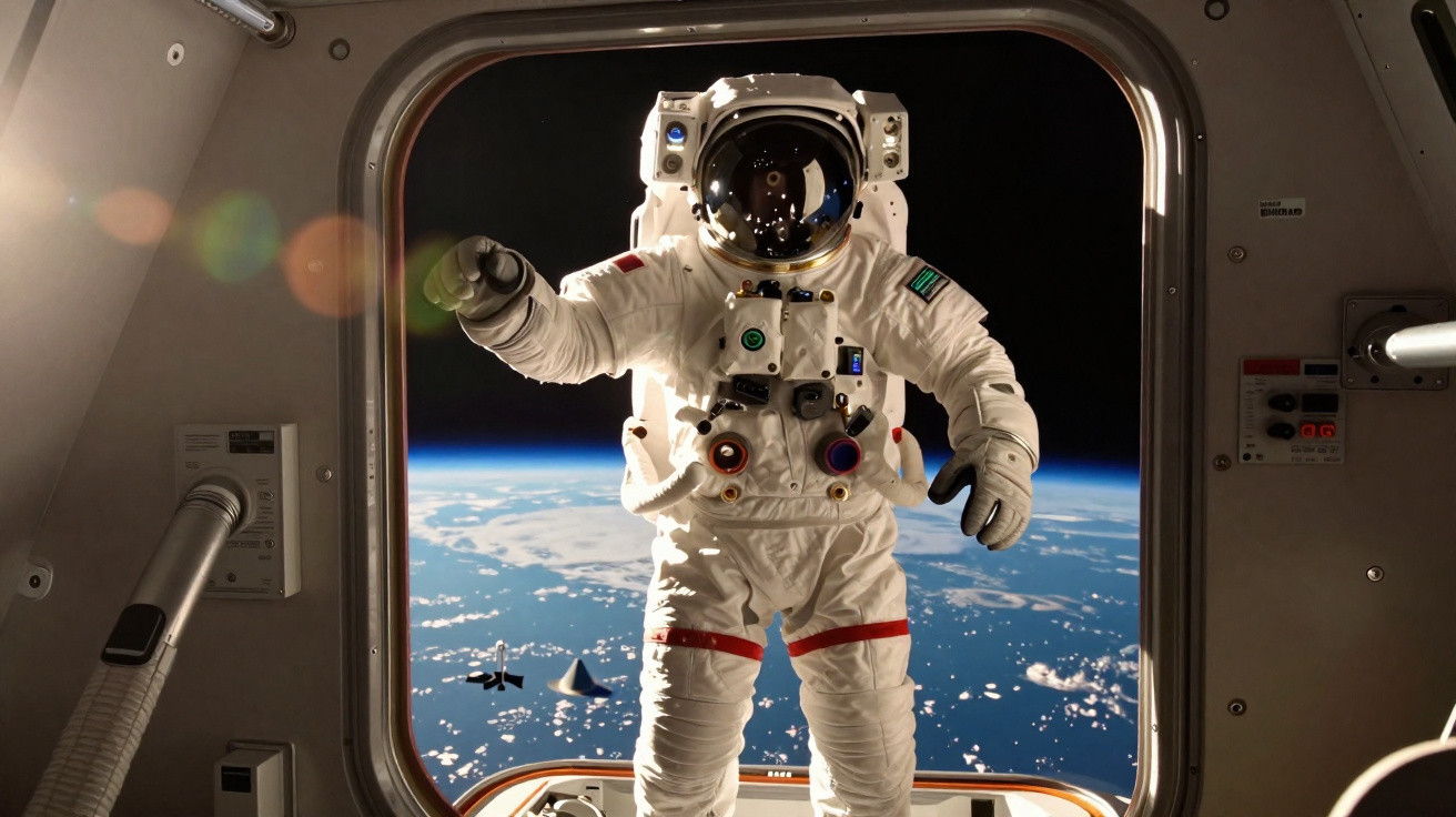 Astronauta flutuando no espaço visto através da janela de uma nave com a Terra ao fundo.