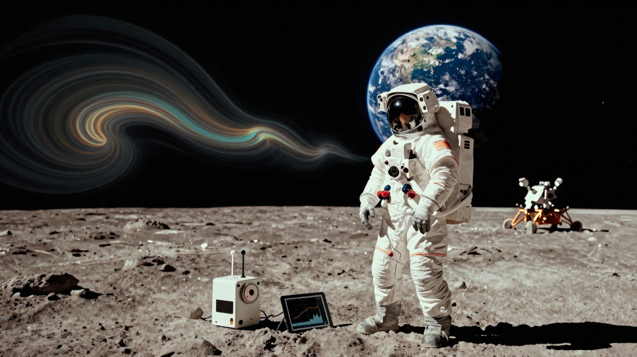 Astronauta em traje espacial na lua com Terra ao fundo e equipamentos científicos próximos.