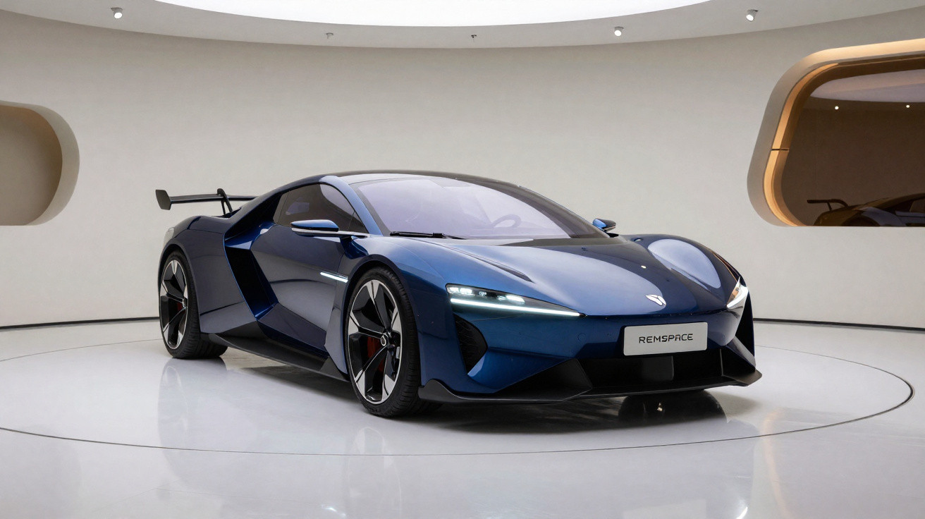 Carro esportivo azul escuro futurista exposto em ambiente moderno com piso branco brilhante.