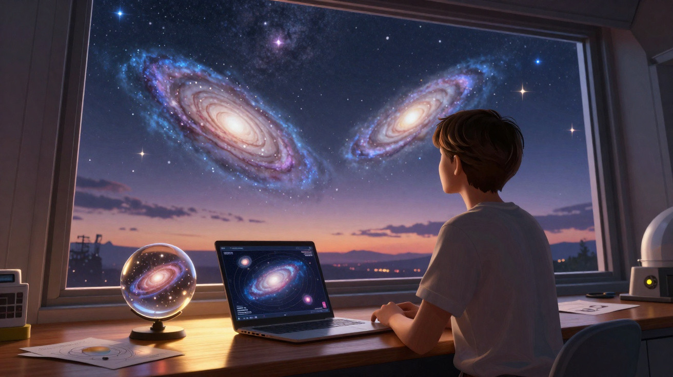 Menino observa galáxias brilhantes no céu noturno através da janela de seu quarto com laptop aberto.