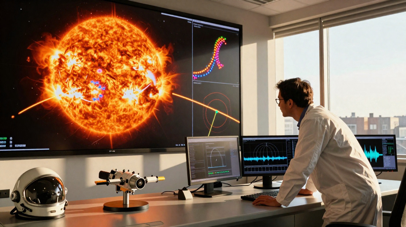 Cientista em laboratório observando grandes telas com imagens e dados do sol e explosões solares.