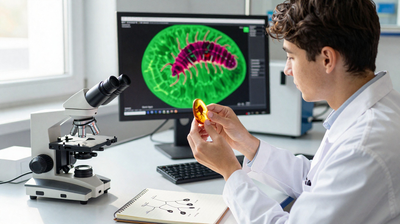 Cientista observando inseto em lâmina com microscópio e imagem ampliada no monitor ao fundo.