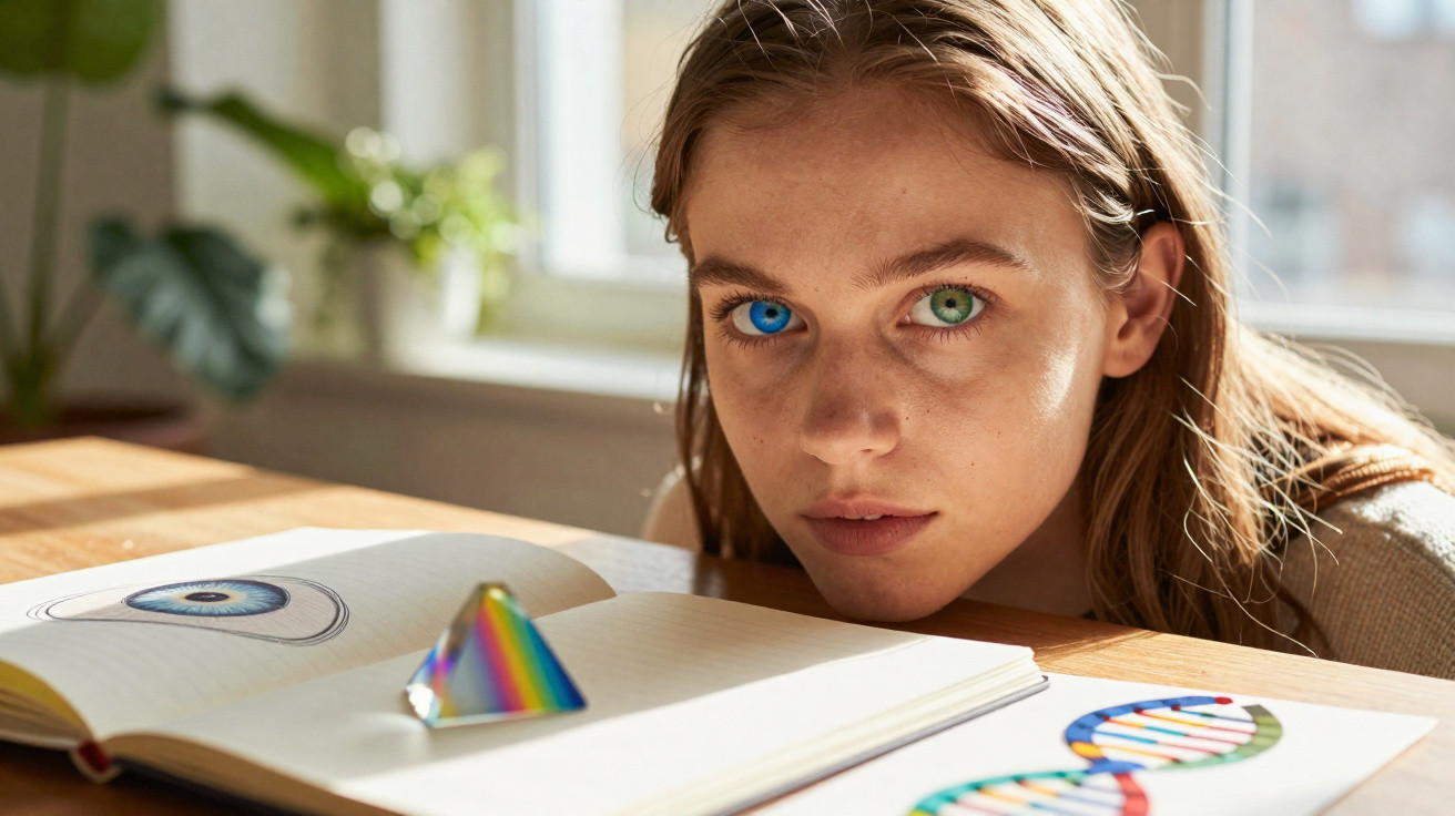 Jovem com olhos heterocromáticos olha para a câmera, com livros e prisma sobre mesa iluminada.