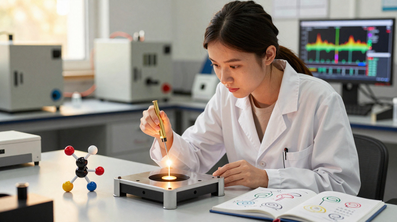 Mulher cientista em laboratório, usando jaleco, manipulando equipamento com chama e livro aberto à sua frente.