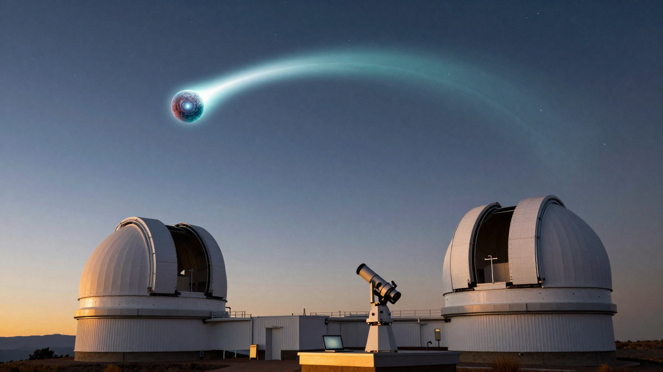 Observatório astronômico ao entardecer com céu estrelado e cometa brilhante no céu.