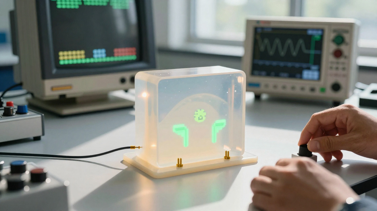Mão ajusta controle em projeto eletrônico com visores de ondas e imagens verdes em laboratório.