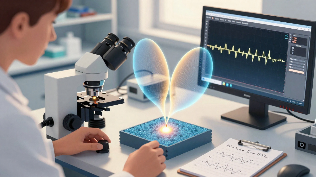 Pesquisador usando microscópio observa dados holográficos em laboratório com gráfico de ondas na tela do computador.
