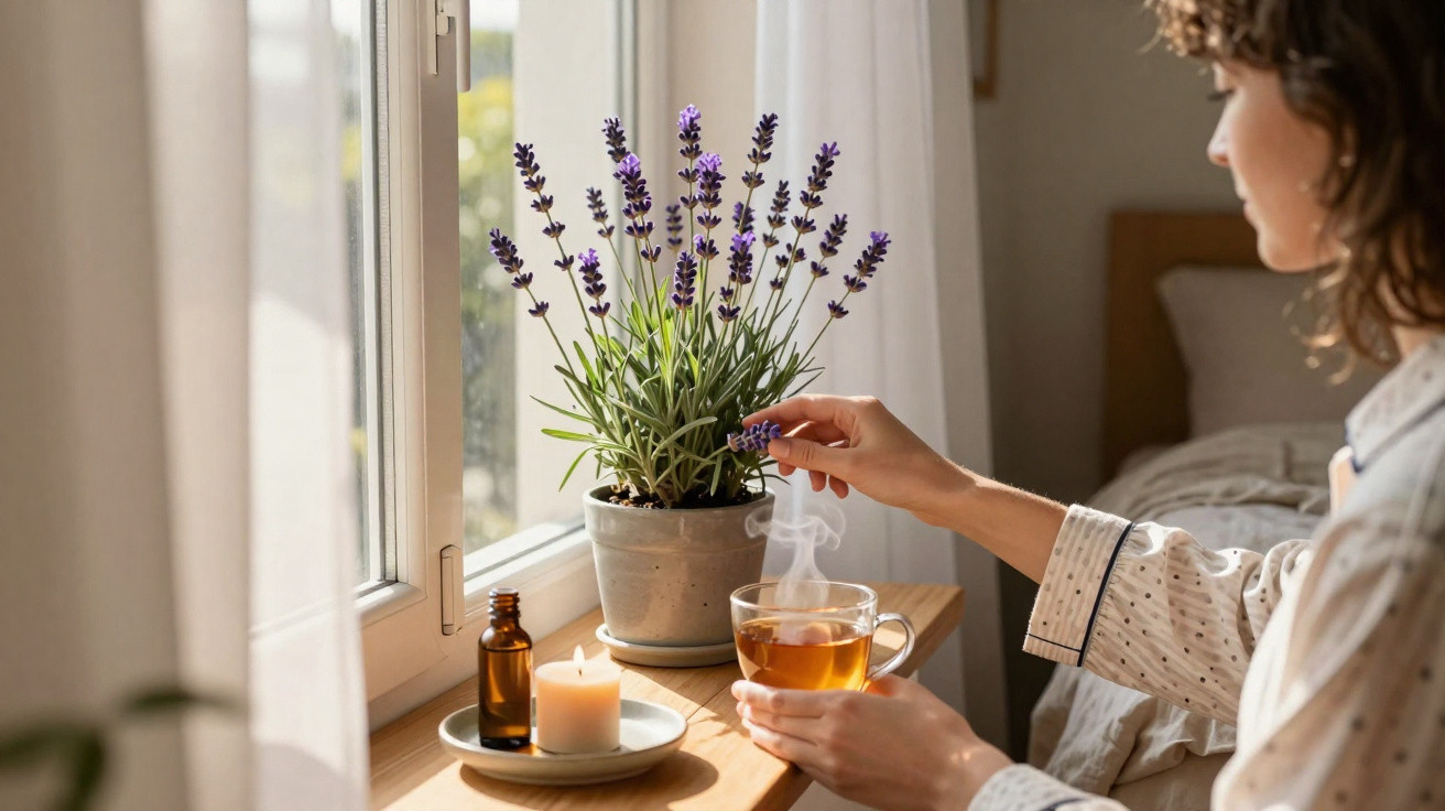 Mulher em pijama pega flor de lavanda ao lado de vela, frasco e chá quente na janela ensolarada.