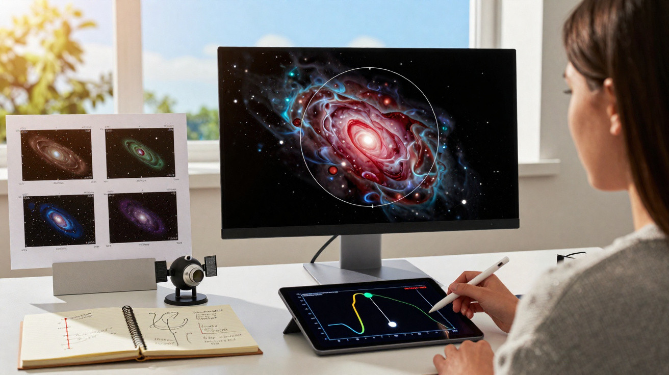 Mulher usando tablet para analisar gráficos com imagens de galáxias no computador e caderno em mesa.