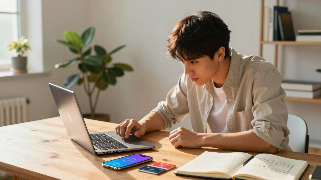 Jovem concentrado usando laptop em mesa com celular, cadernos e ambiente de estudo organizado.